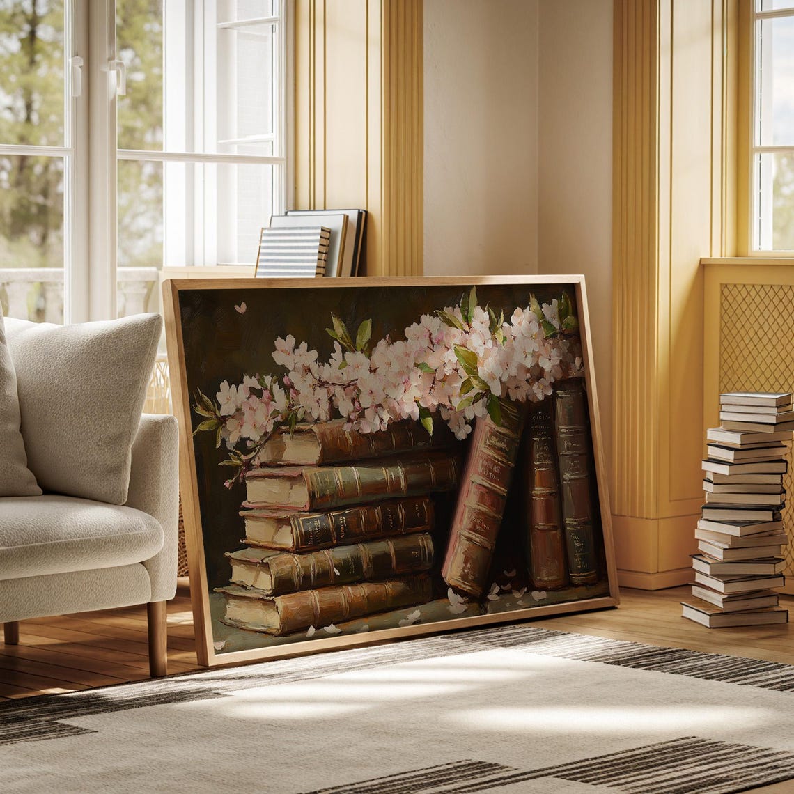 Antique Books Cherry Blossoms Stack Vintage Floral Library Art Poster - Image 6