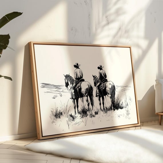 Cowboys On Horseback Line Art Western Ranch Decor Black And White Cowboy Drawing Rustic Wall Art Print
