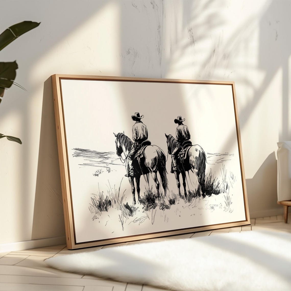 Cowboys On Horseback Line Art Western Ranch Decor Black And White Cowboy Drawing Rustic Wall Art Print