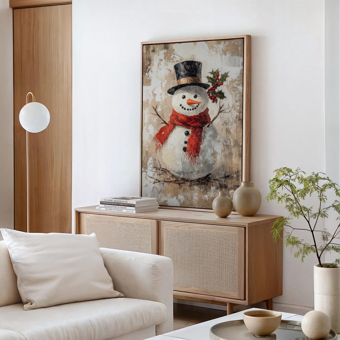 Vintage Snowman With Top Hat Red Scarf And Holly Berries Rustic Poster - Image 5