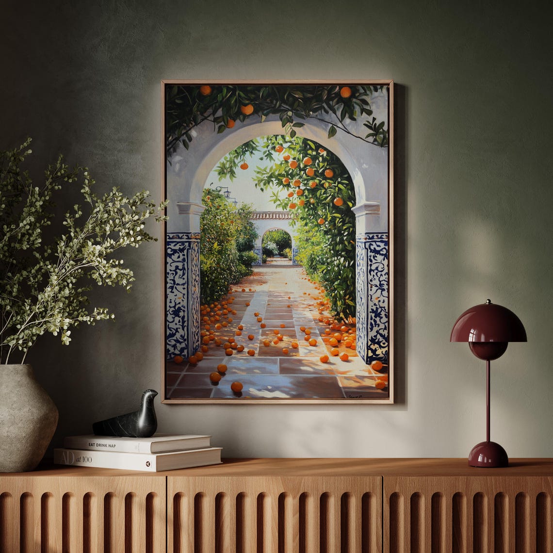Spanish Courtyard With Orange Trees And Tiled Archway Poster