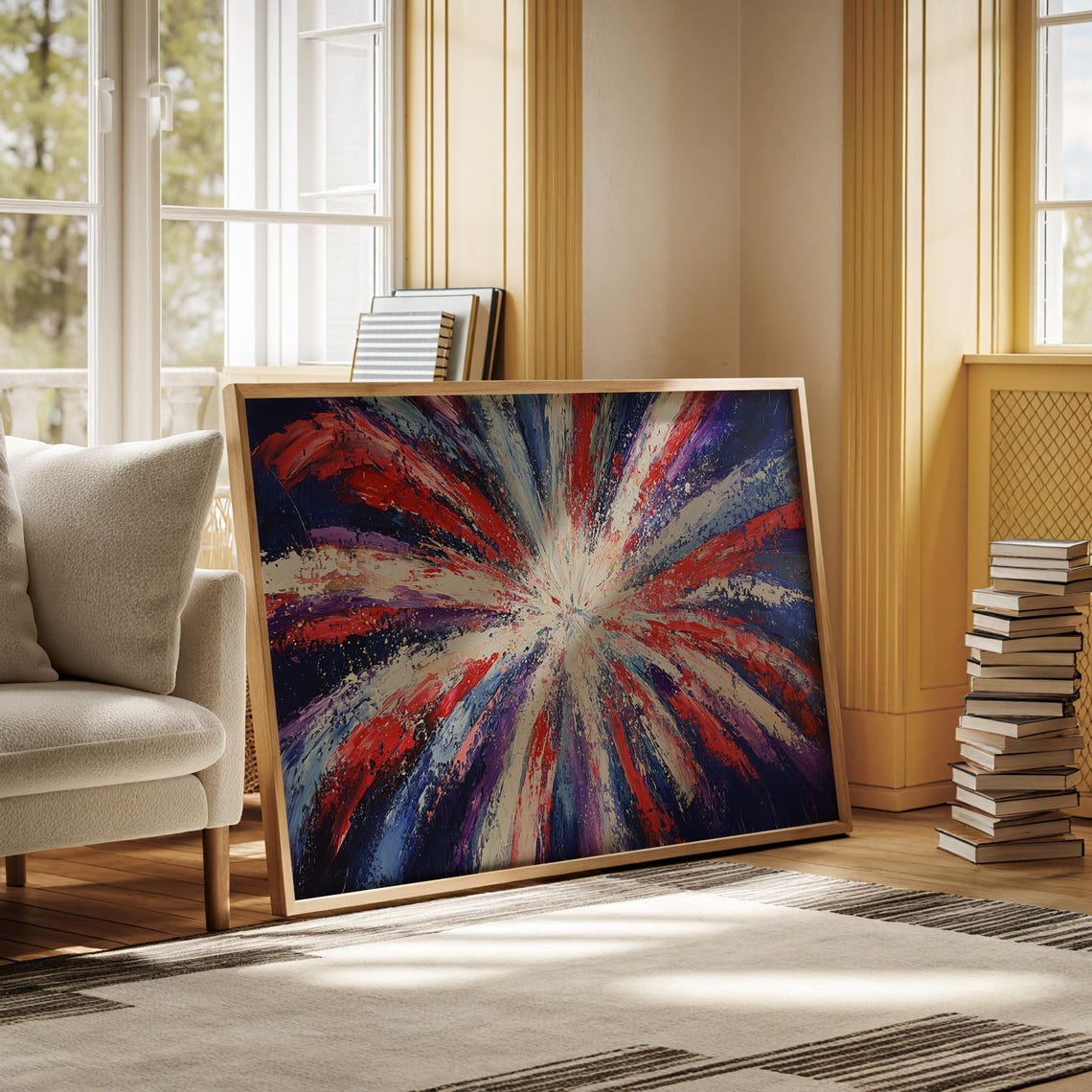 Red White Blue Abstract Firework Burst Expressionist Art Poster