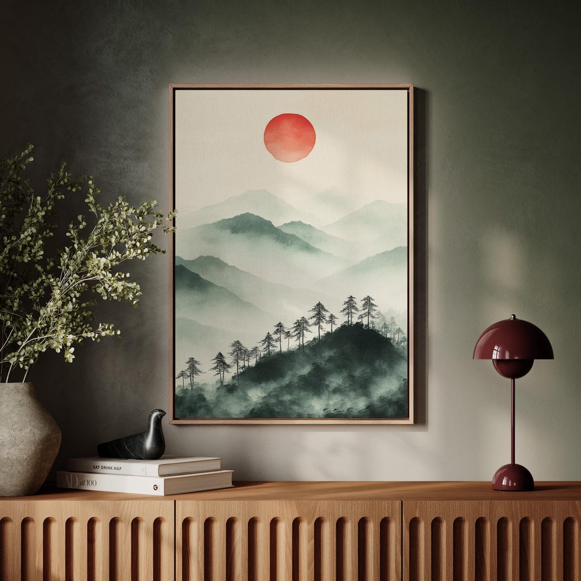 Misty Green Mountain Ink Wash With Red Sun Japanese Zen Poster