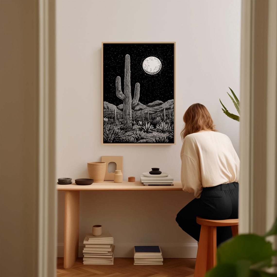 Saguaro Cactus Under Full Moon Starry Desert Night Art Poster - Image 5