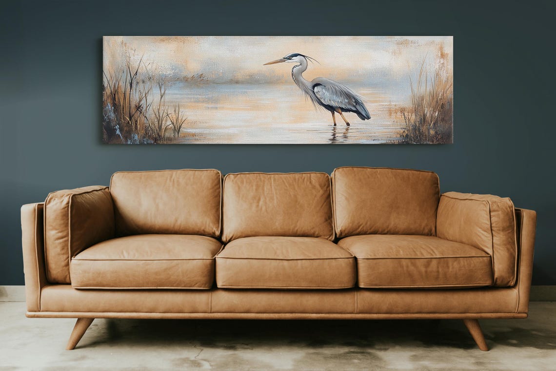 Blue Heron Marsh Panoramic Rustic Lake Bird Painting Nature Print - Image 4