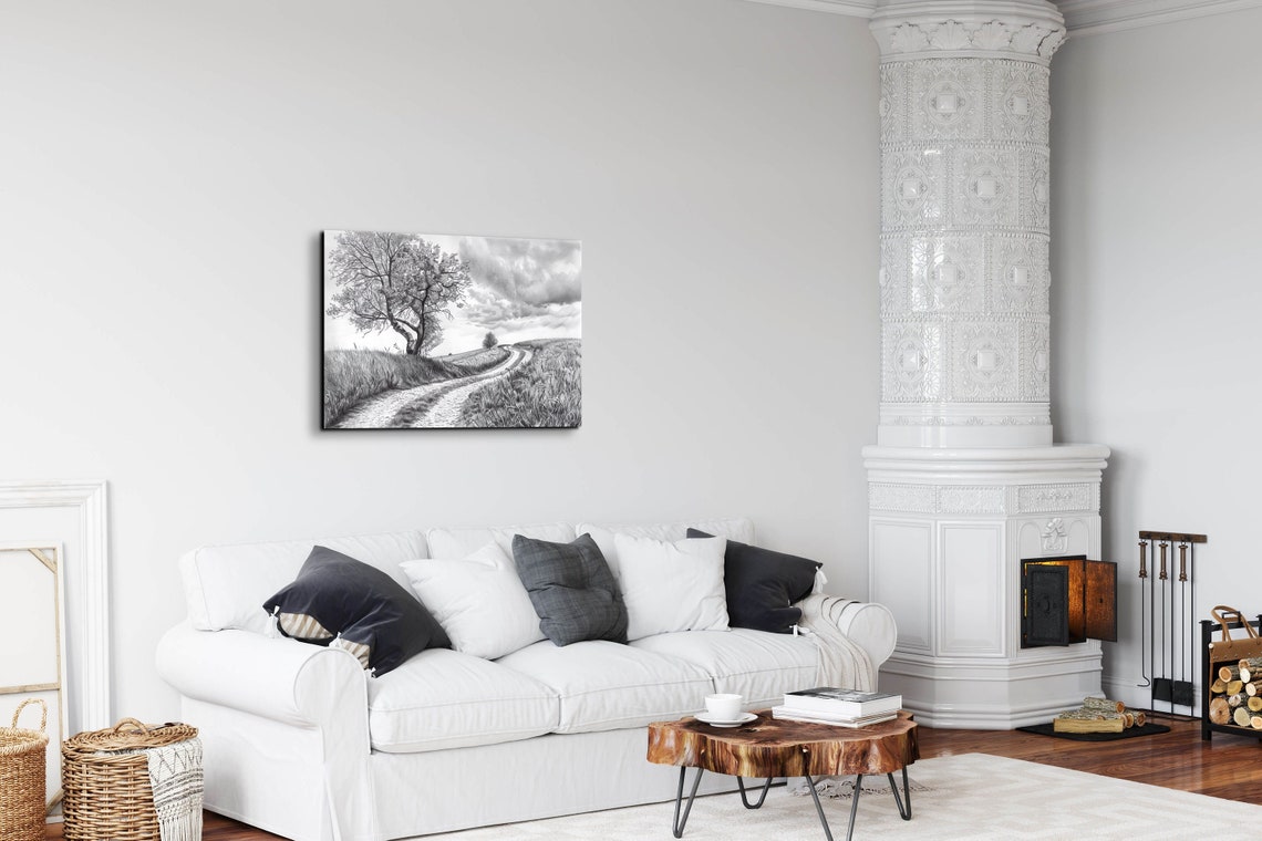 Lone Oak Tree On Rolling Hill Charcoal Drawing Winding Path Poster - Image 3