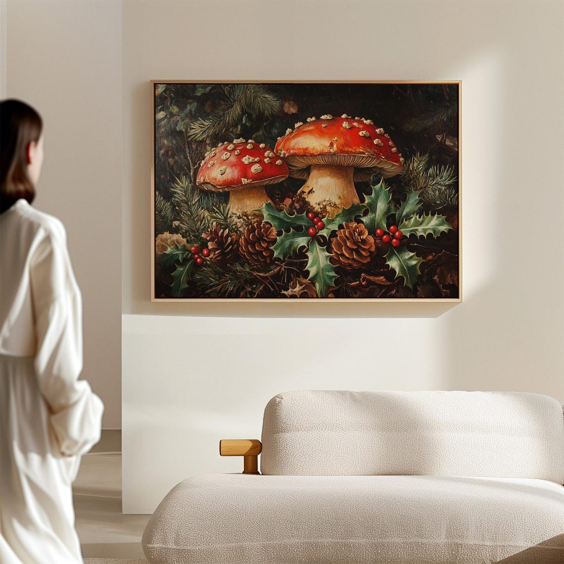 Red Fly Agaric Mushrooms Holly Berries Pinecones Dark Woodland Poster - Image 6