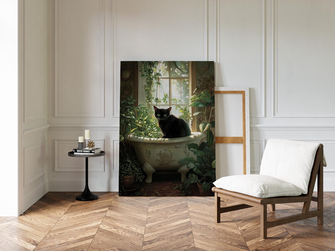 Black Cat With Green Eyes In Vintage Bathtub Among Lush Houseplants Poster - Image 2