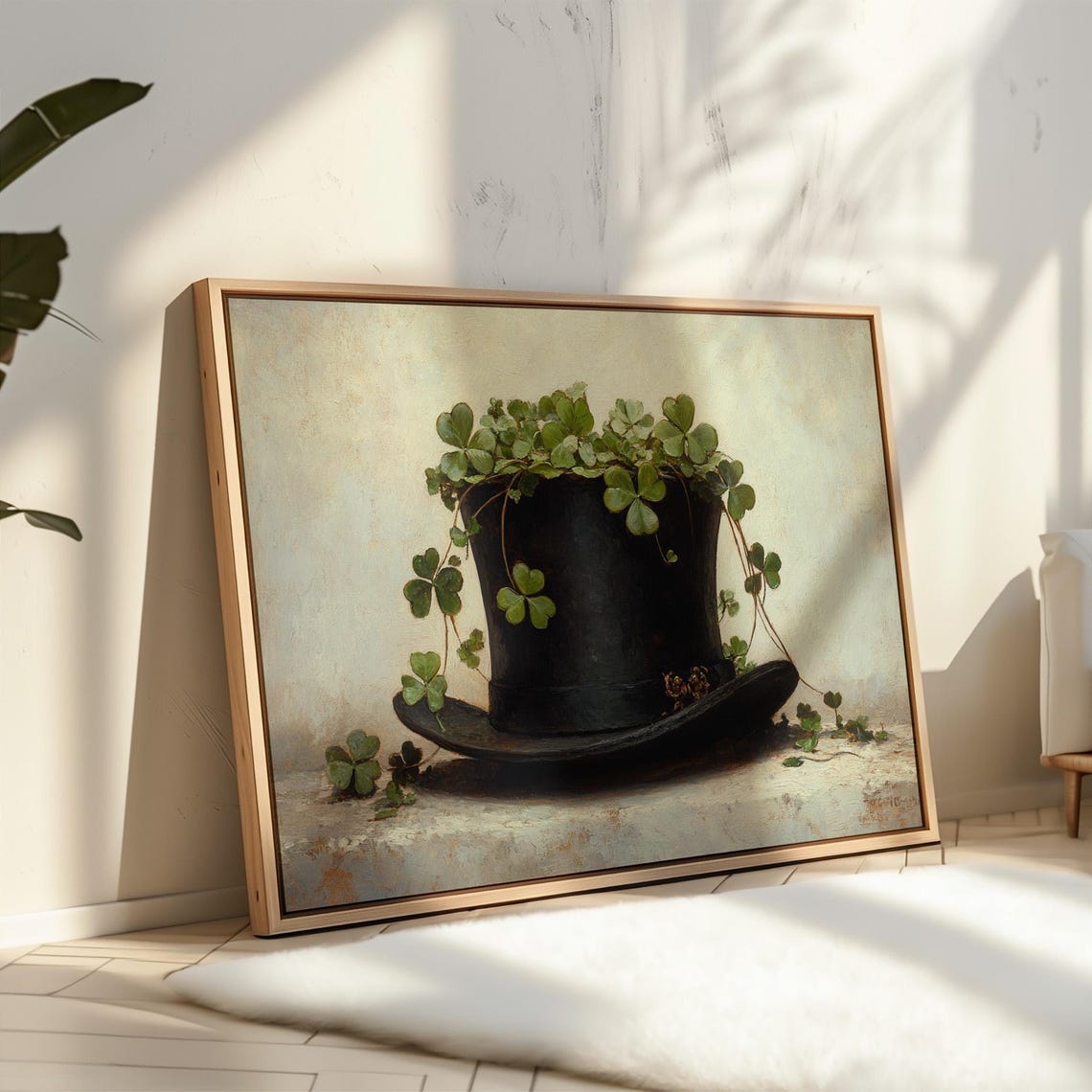 Clover Sprouting From Black Top Hat Vintage Still Life Wall Art - Image 4