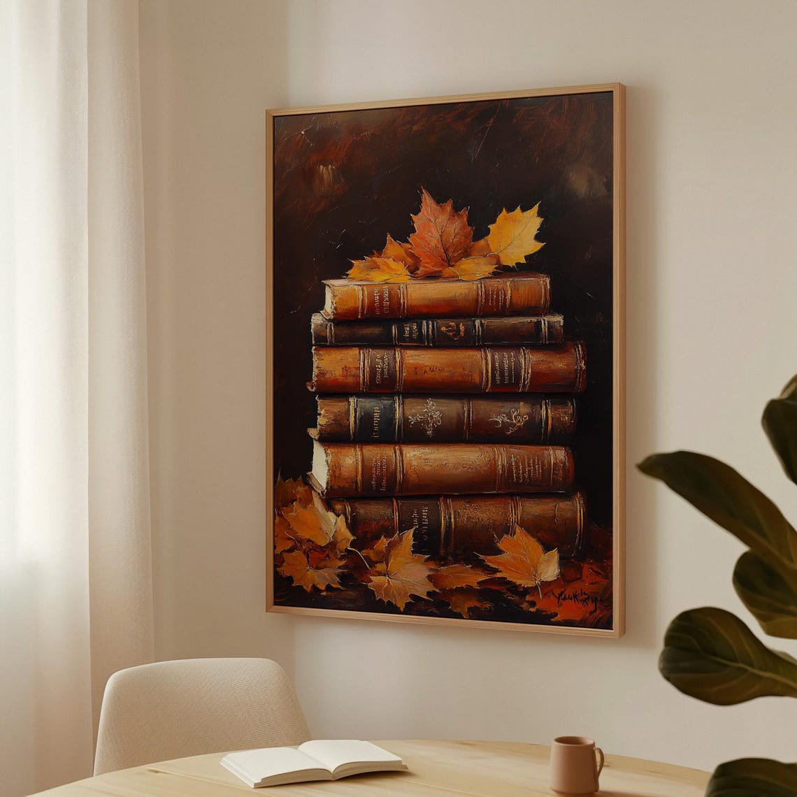 Stack of Antique Books With Autumn Maple Leaves Dark Still Life Poster - Image 7