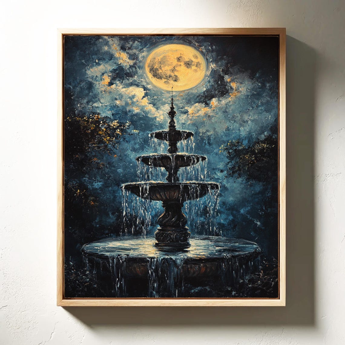 Moonlit Tiered Fountain Under Full Moon Night Sky Ethereal Art Poster - Image 6