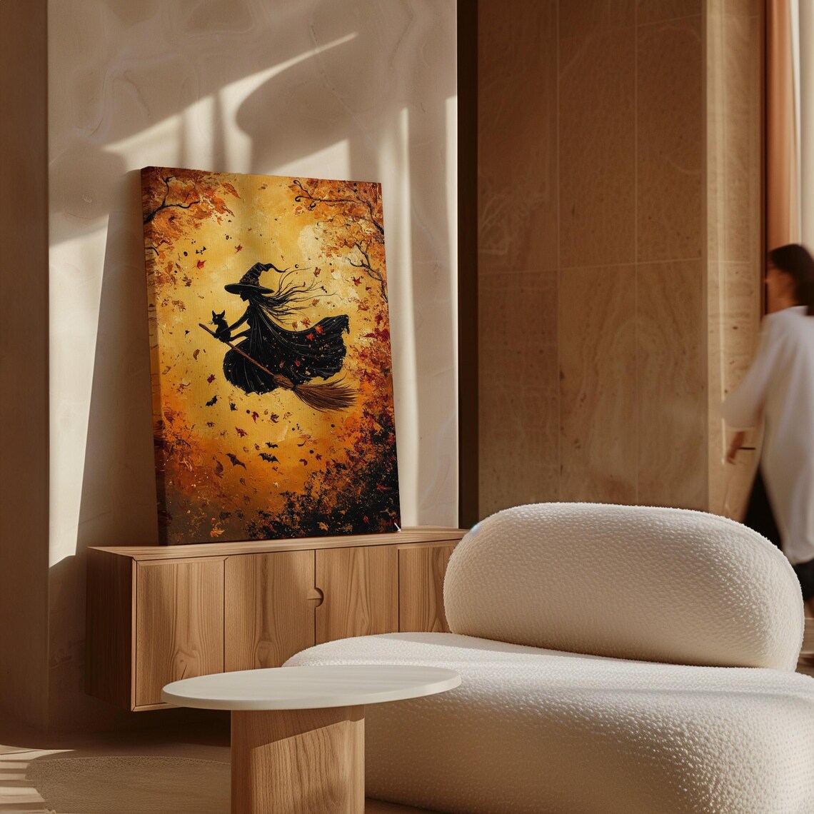 Witch Silhouette Broomstick Black Cat Autumn Gold Bats Halloween Poster - Image 3