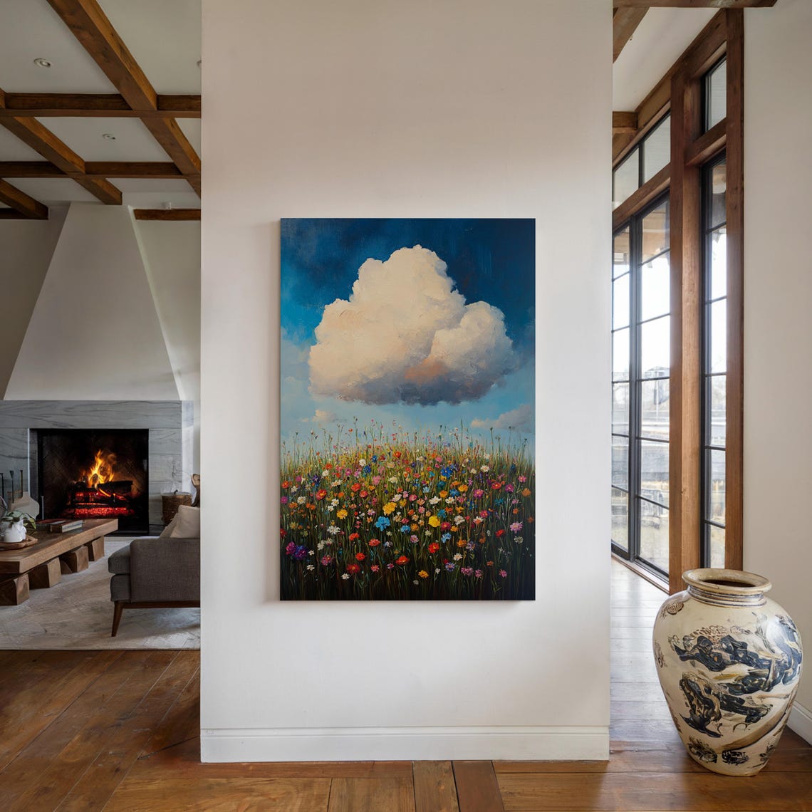 Vibrant Wildflower Field Under Bright Cloud Dramatic Sky Art Poster - Image 5
