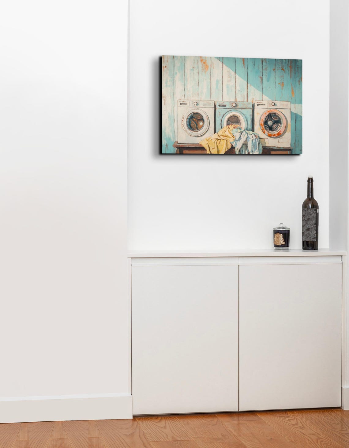 Retro Washing Machines Turquoise Plank Wall Laundry Room Art Poster - Image 3
