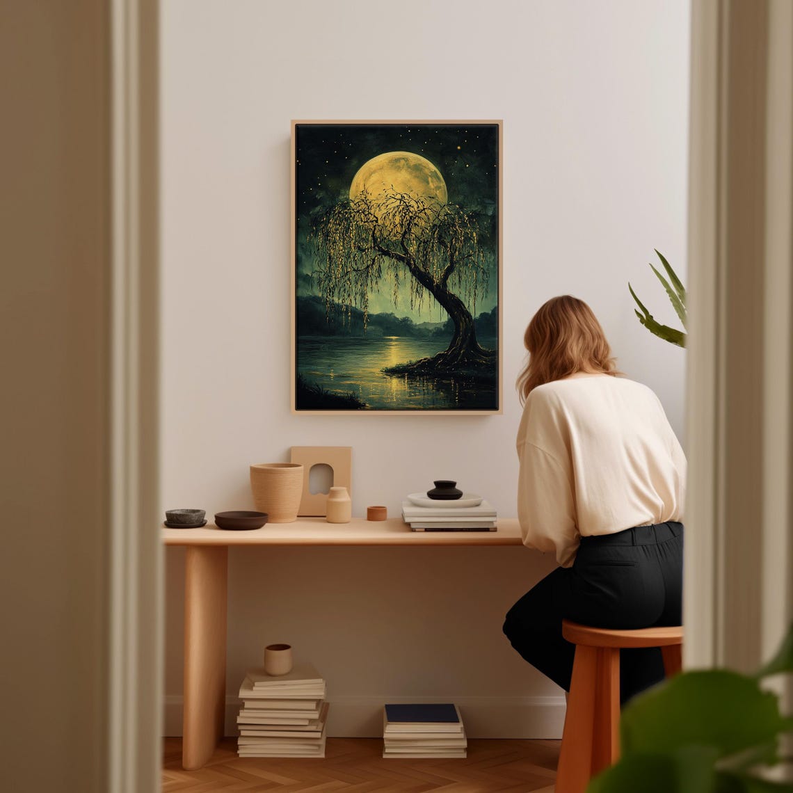 Golden Full Moon Over Lake With Weeping Willow Silhouette Poster - Image 4