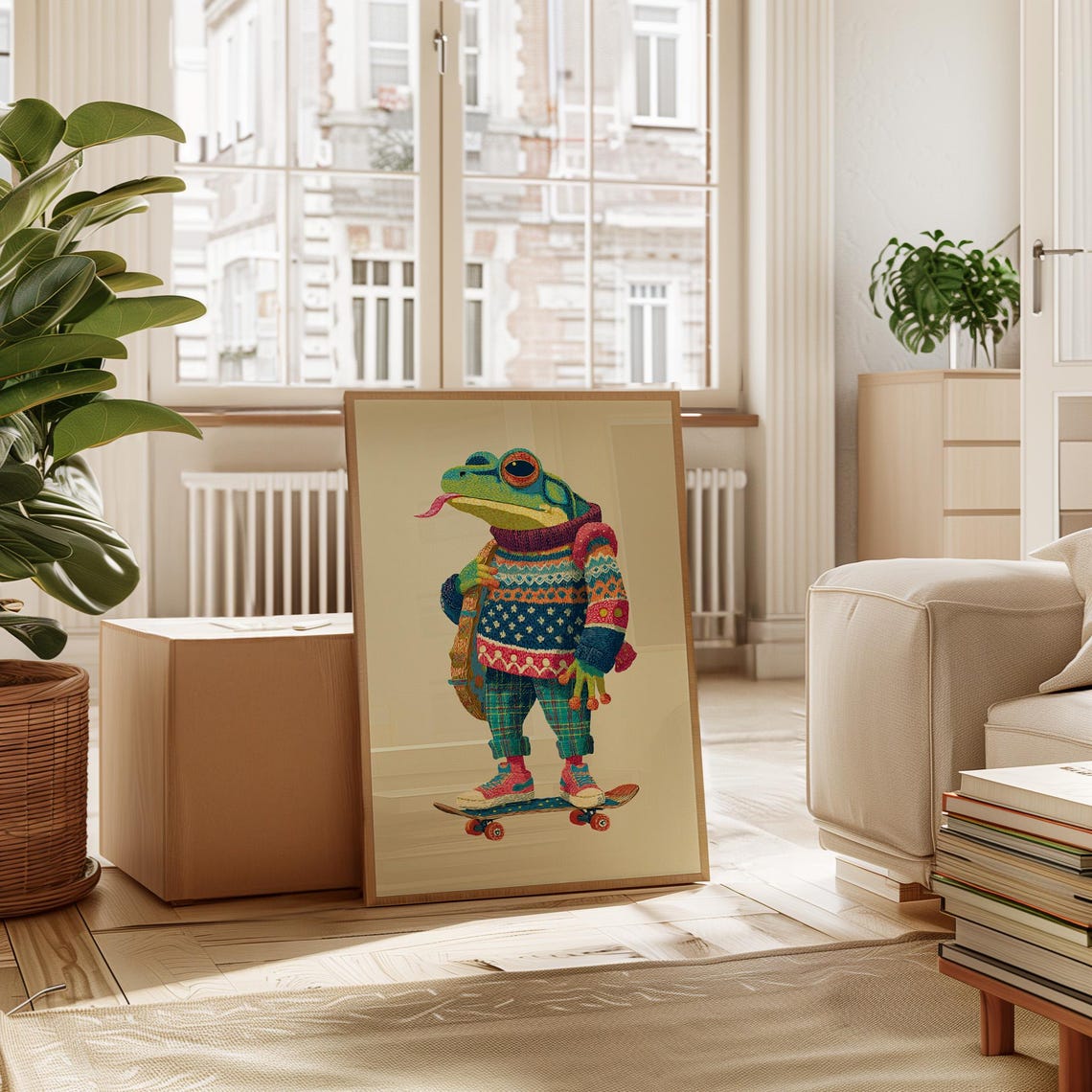 Colorful Frog Skateboard Cozy Sweater Sneakers Whimsical Poster