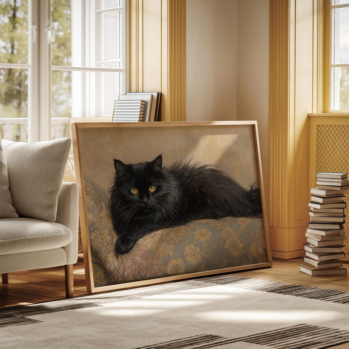 Black Cat Portrait, Vintage Floral Couch Art Print