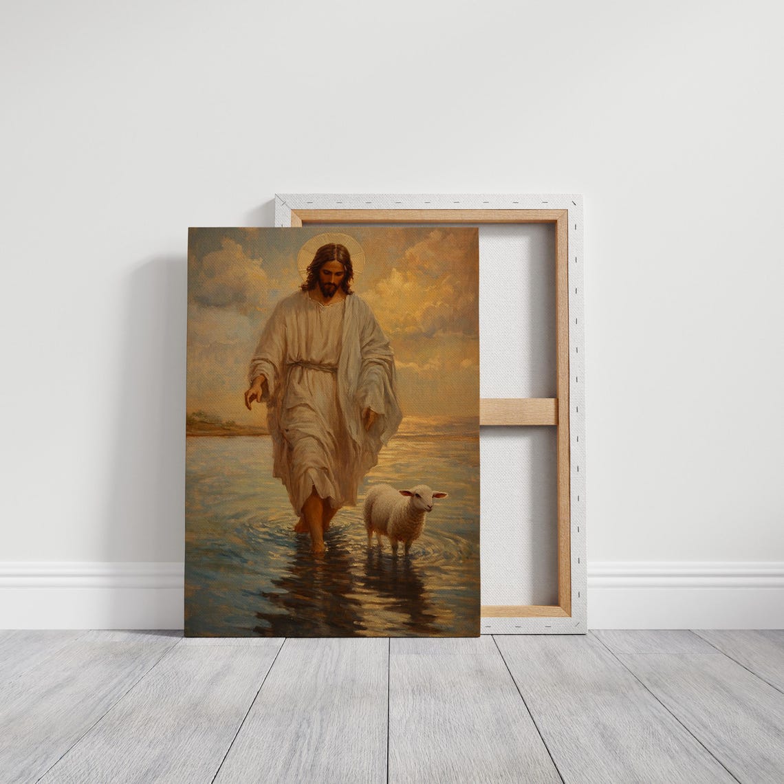 Jesus Christ With Lamb Walking on Water Golden Sky Religious Poster - Image 5