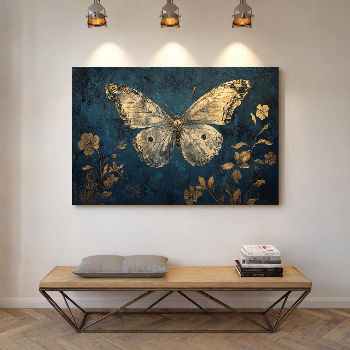 Antique Gold Butterfly Navy Blue Floral Vintage Wall Decor Poster - Image 4