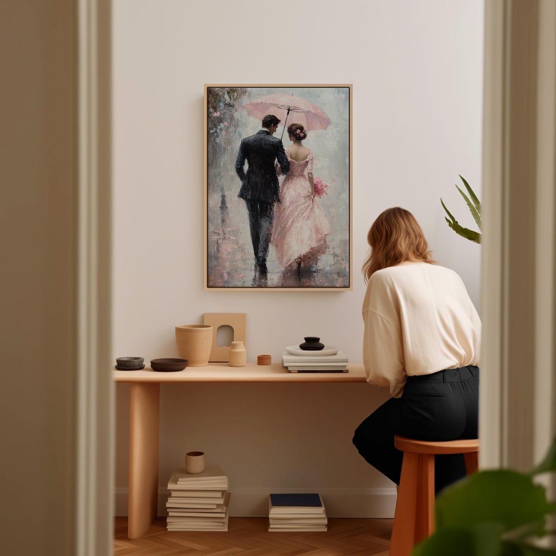 Romantic Stroll In Rain Couple Under Pink Umbrella Elegant Love Poster - Image 5