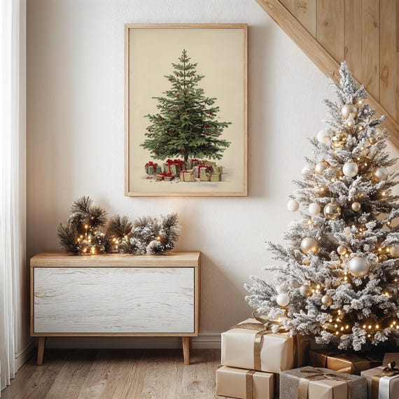 Vintage Christmas Tree With Gifts Illustration