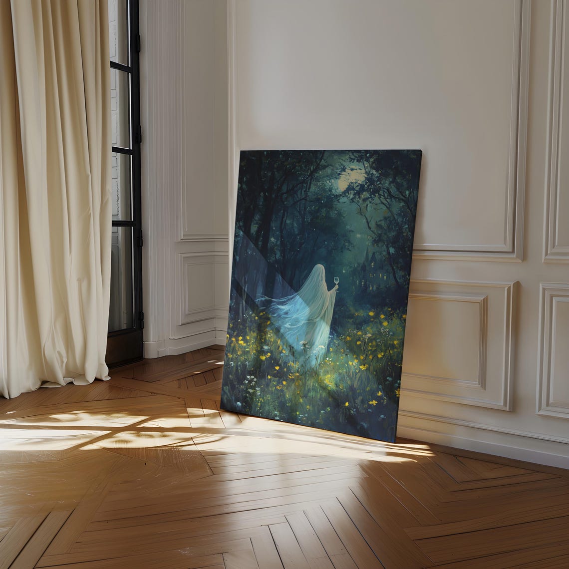 Ghost Holding Wine Glass in Moonlit Wildflower Forest Night Art Poster