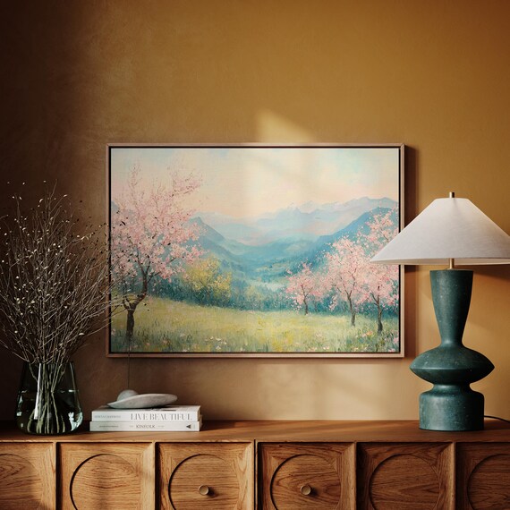 Cherry Blossom Trees In Mountain Meadow Valley Spring Landscape Wall Art