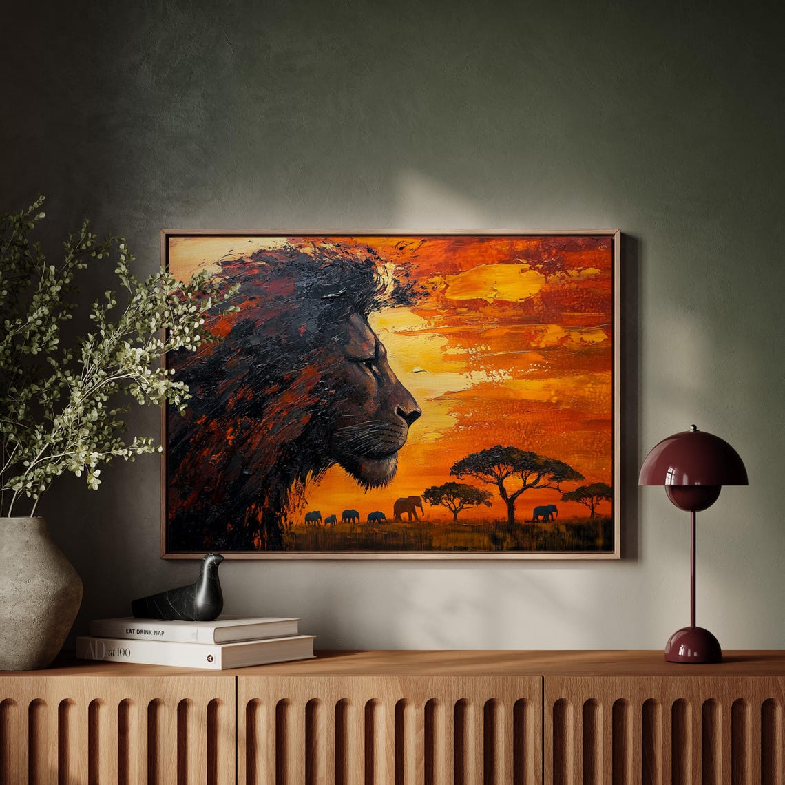 Majestic Lion Sunset African Wildlife Elephants Savannah Safari Poster - Image 4