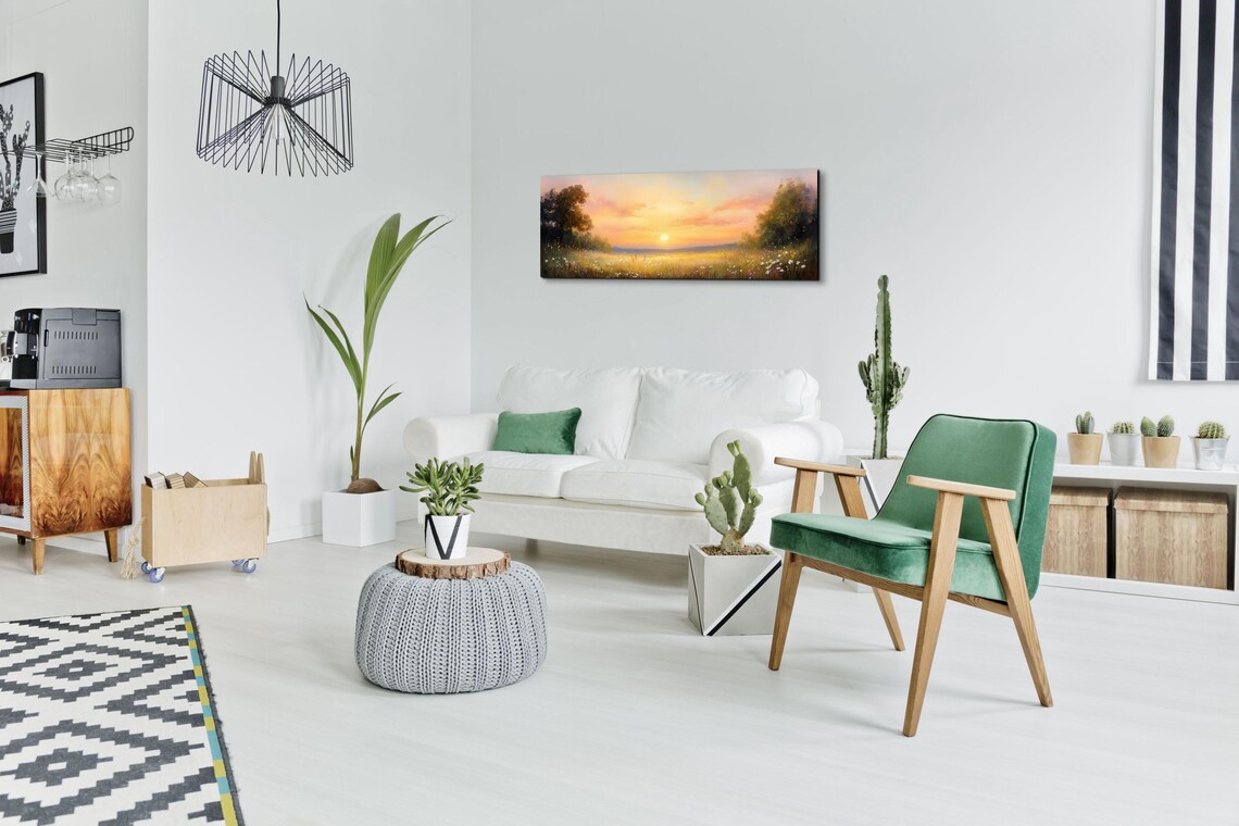Wildflower Meadow at Golden Sunset Oil Painting Panoramic Poster - Image 4
