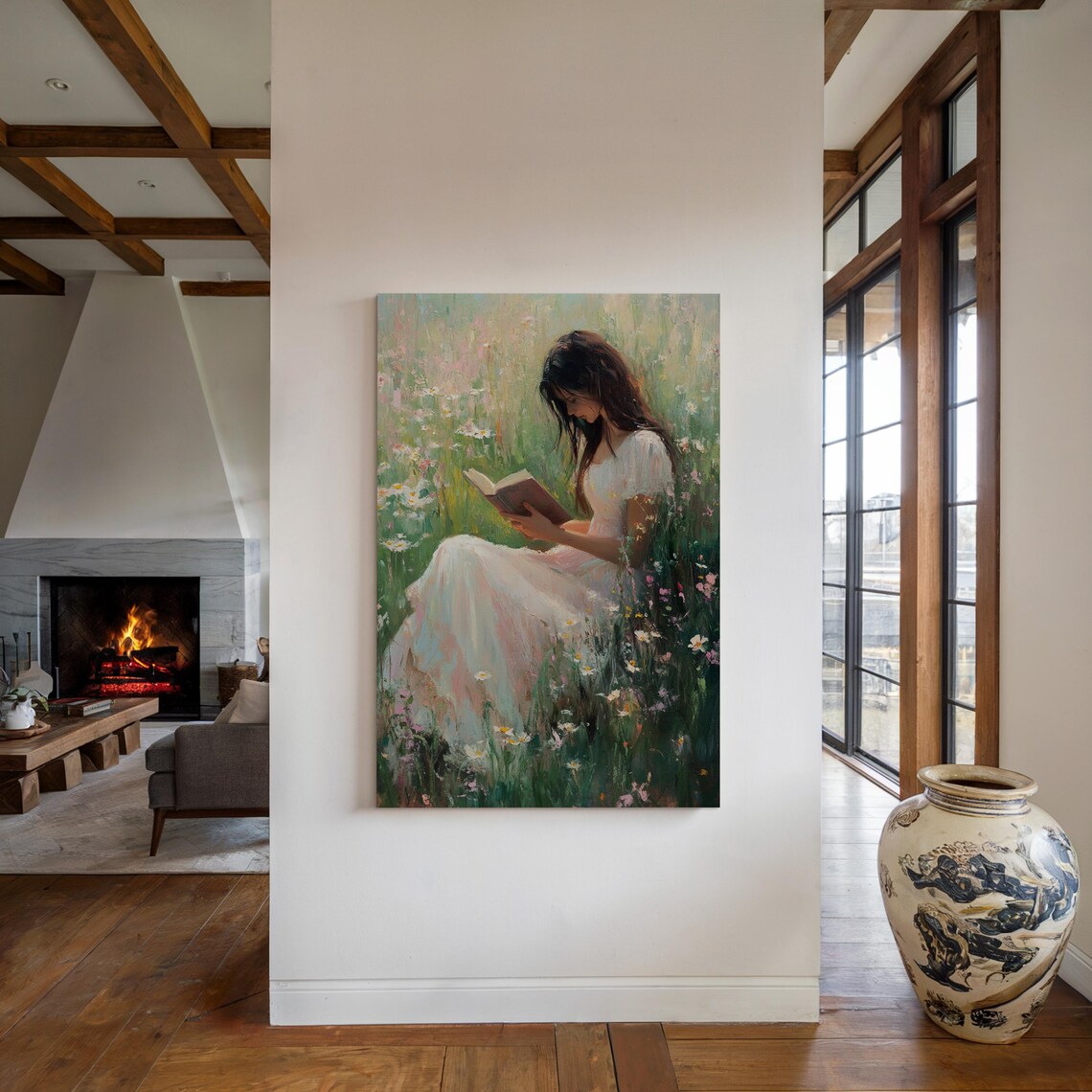 Woman Reading Book in Wildflower Meadow Romantic Cottagecore Poster - Image 5