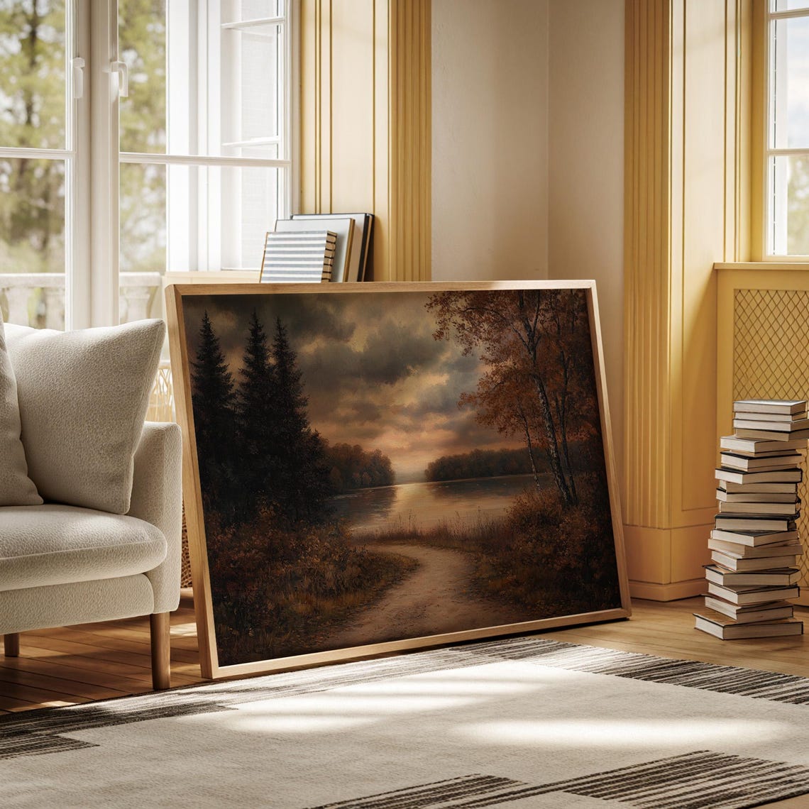 Autumn Sunset Lakeside Path Winding Trail Vintage Oil Landscape Poster