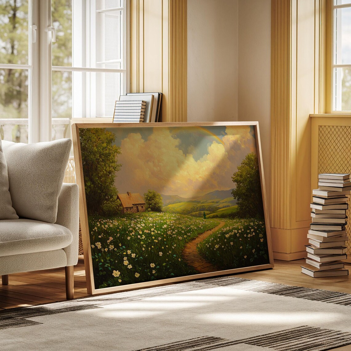 Scenic Irish Countryside Cottage Rainbow, Landscape Art - Image 3