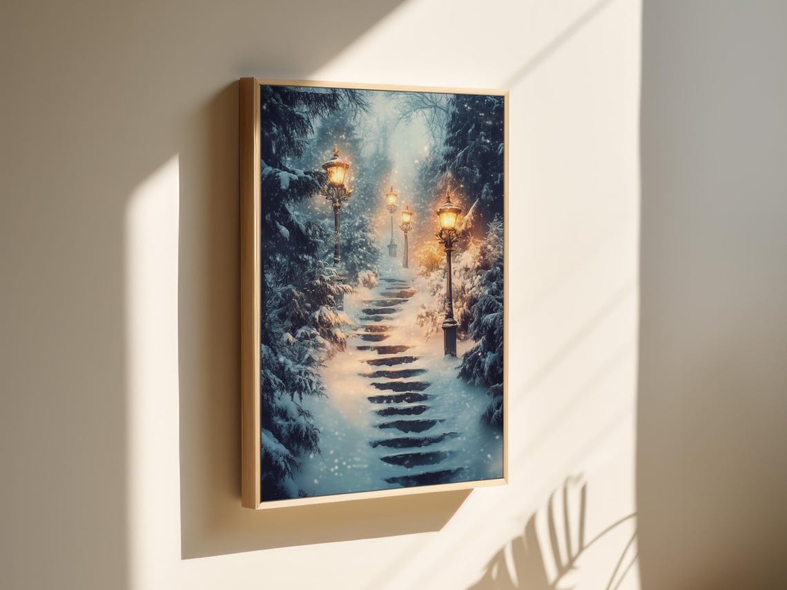Snowy Staircase With Glowing Lampposts In Winter Night Forest Wall Art - Image 6