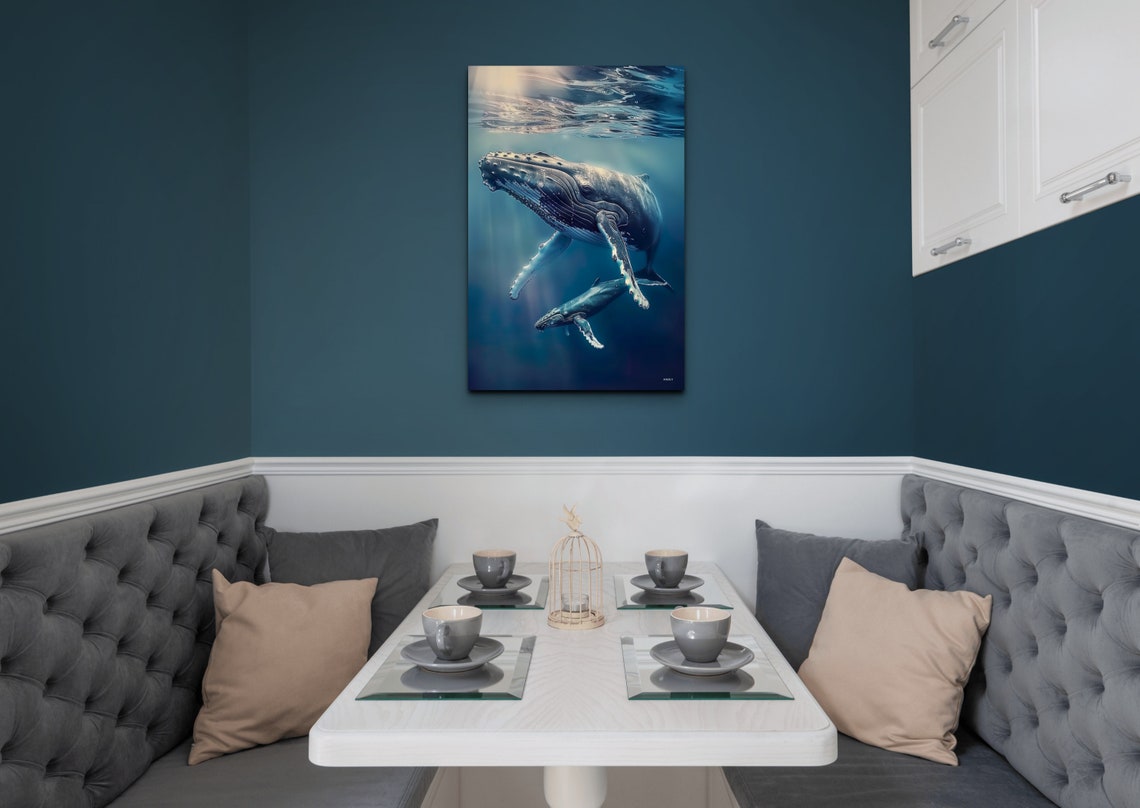 Humpback Whales Swimming Sunlit Underwater Seascape Scene Poster - Image 4
