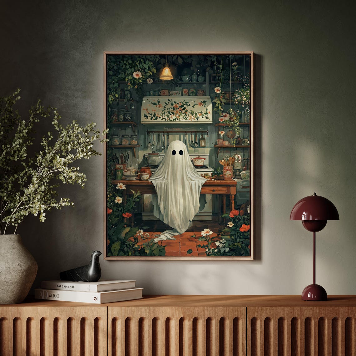 Cute Ghost In Cozy Vintage Kitchen Floral Cottagecore Wall Art