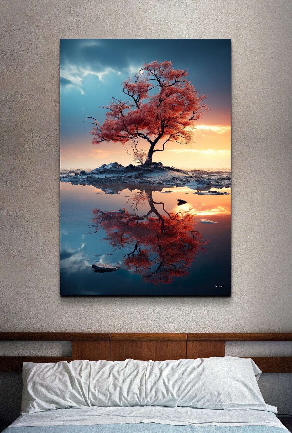 Red Tree Island Mirror Reflection Lake Sunset Serene Art Poster - Image 2