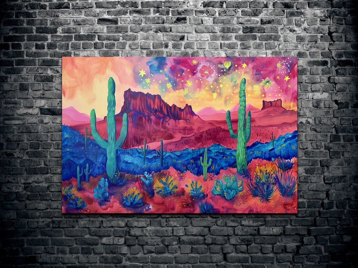 Saguaro Cacti Under a Magenta Starry Night Desert Sky Poster - Image 2