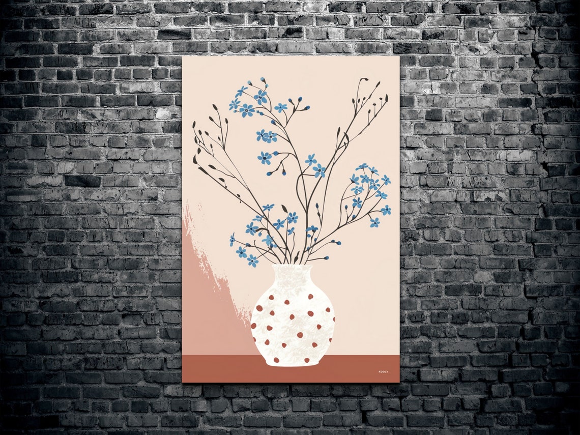 Delicate Blue Blooms in Dotted White Vase Blush Minimalist Art Poster - Image 2