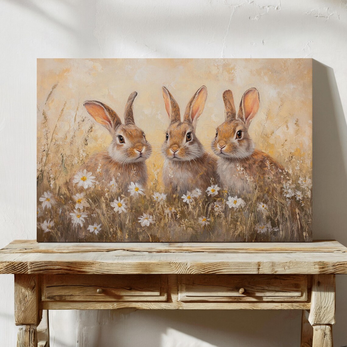 Three Bunnies In Golden Wildflower Meadow Oil Painting Poster
