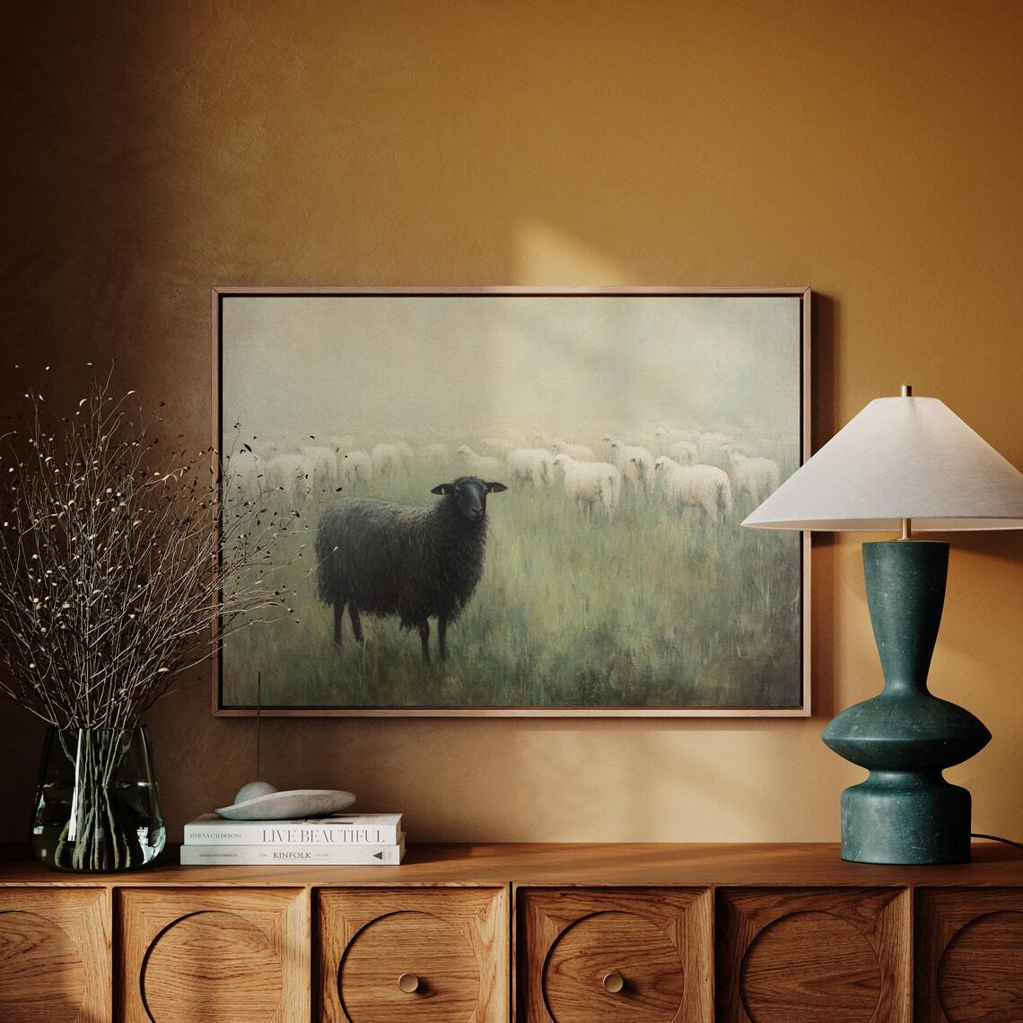 Black Sheep In Foggy Field, Modern Farmhouse Art Print - Image 4