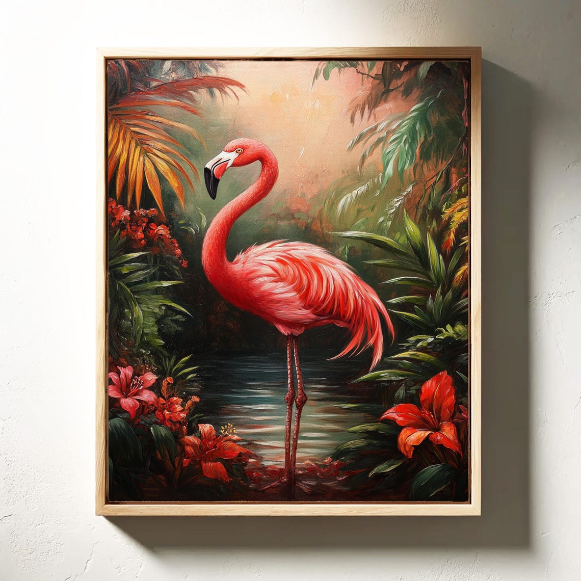 Flamingo Tropical Jungle Pink Bird Lush Botanical Oil Poster