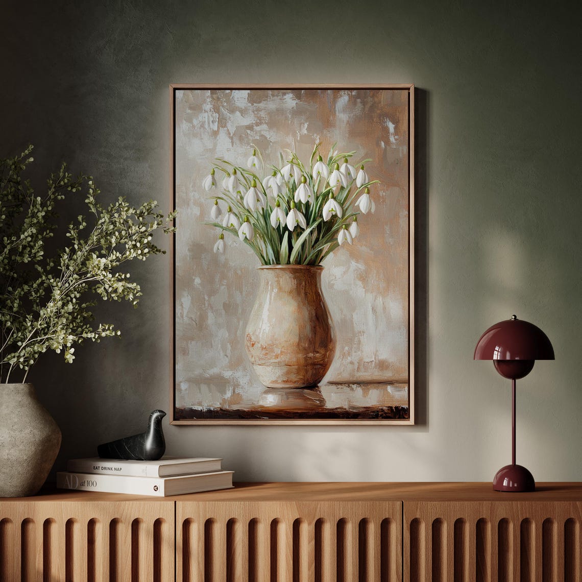 White Snowdrop Flowers in Rustic Ceramic Vase Still Life Poster - Image 5