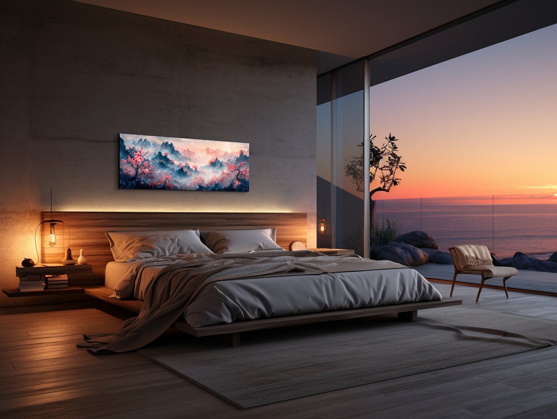 Pink Cherry Blossoms Over Misty Asian Mountains at Sunrise Poster - Image 7