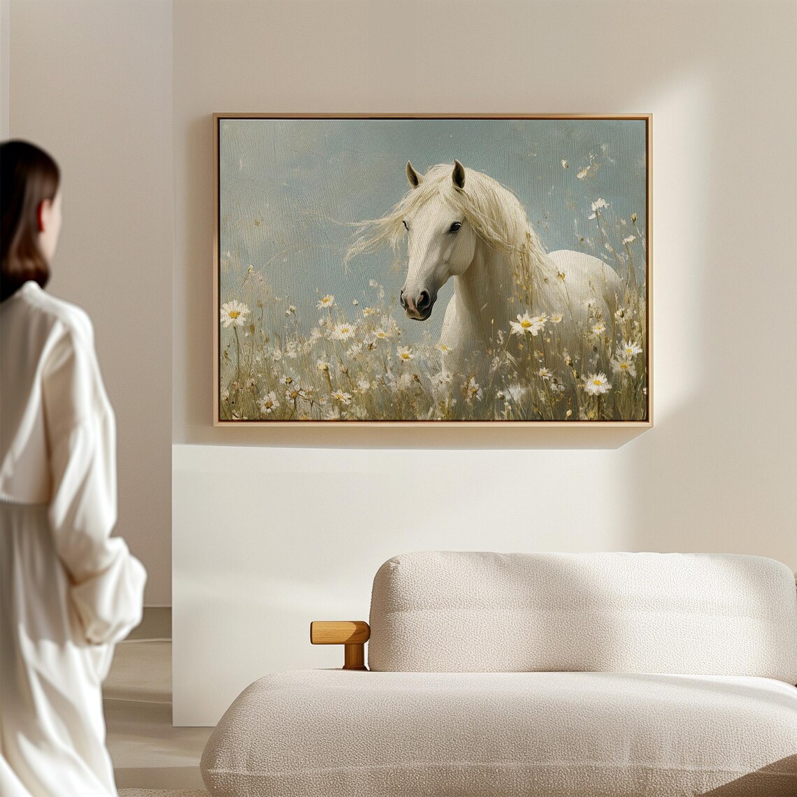 White Horse Among Daisies Gazing Out Dreamy Equine Art Poster - Image 6