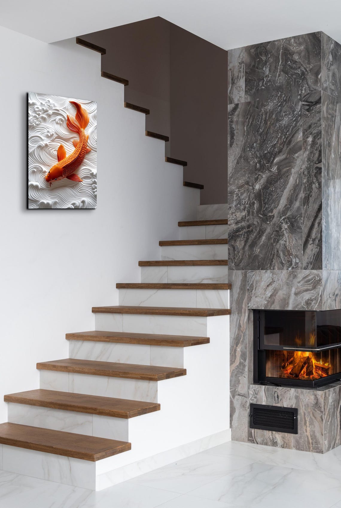 Orange Koi Fish Swimming White Wave Relief 3D Art Effect Poster - Image 3
