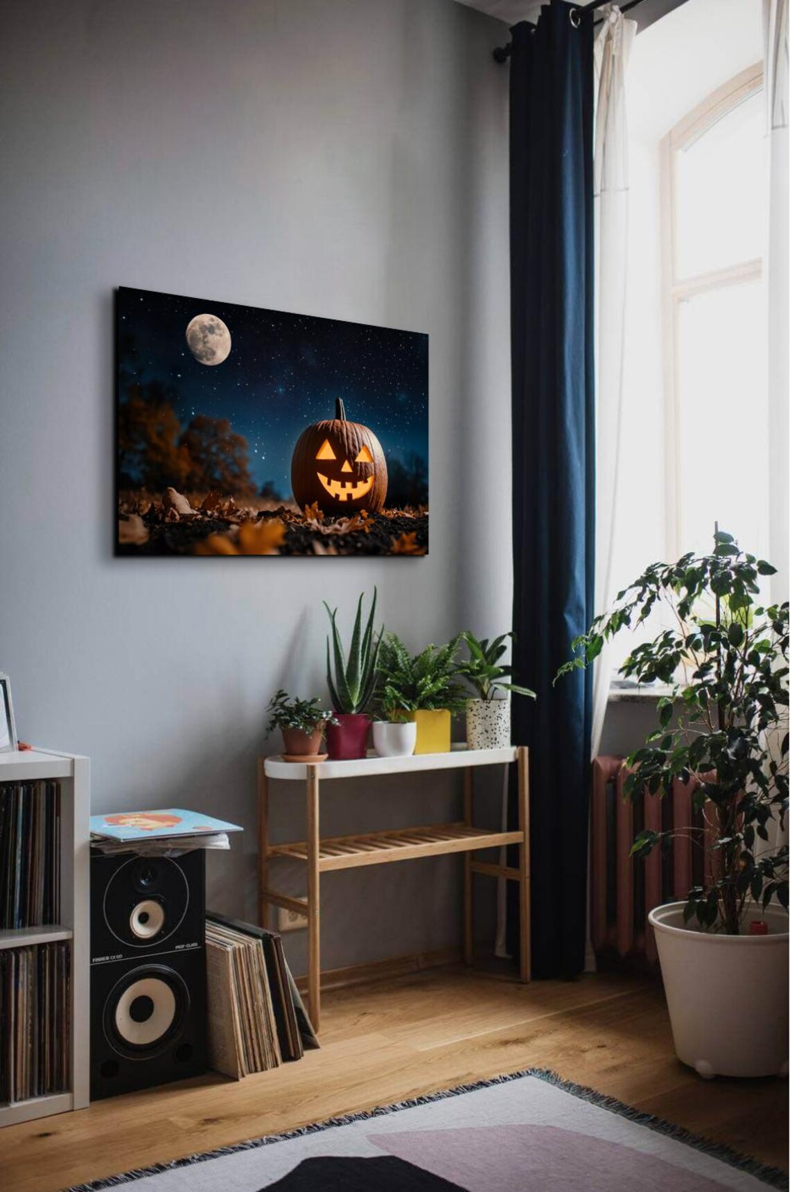 Jack O Lantern Glowing in Autumn Leaves Under a Starry Full Moon Sky Poster - Image 7