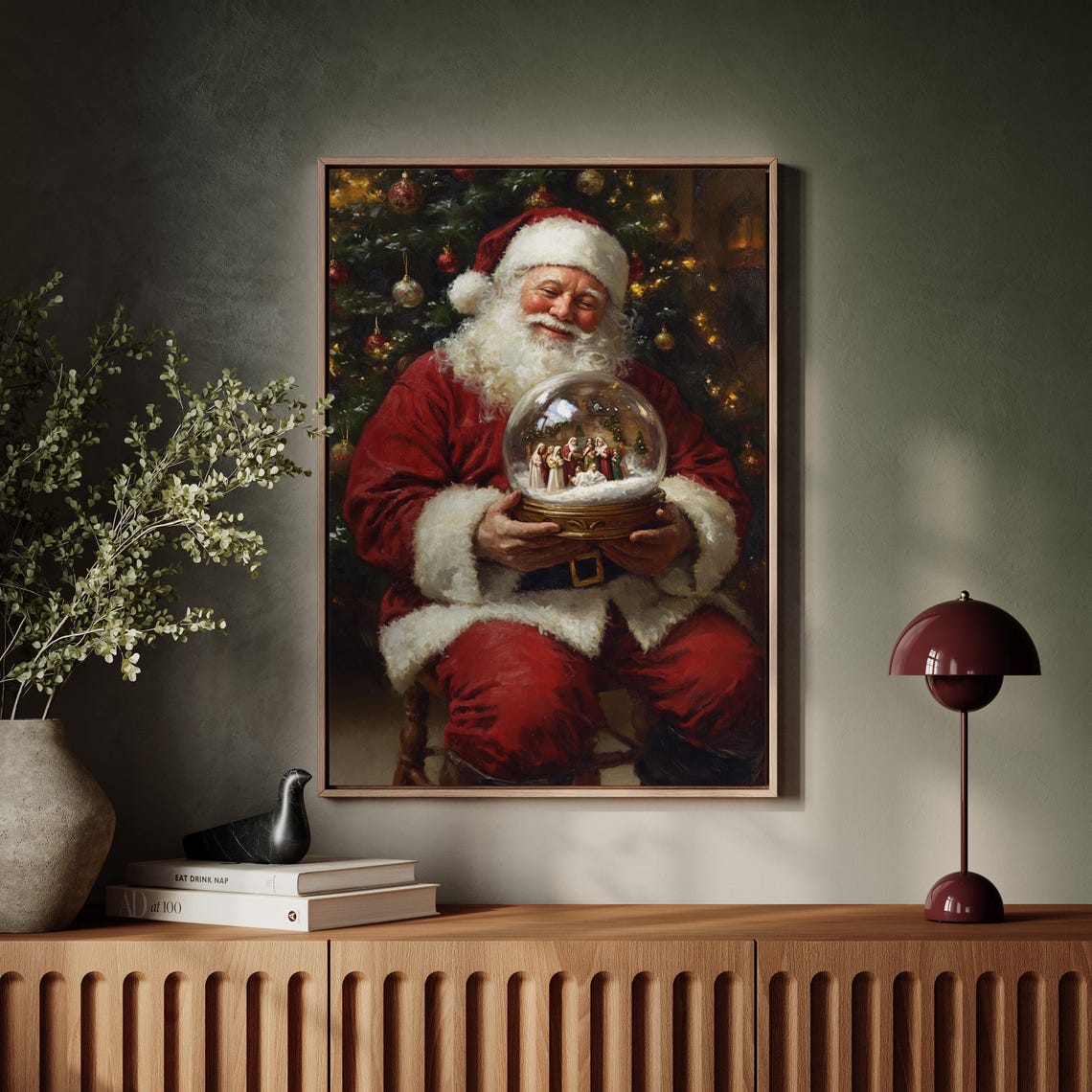 Santa Claus Gazing At Nativity Snow Globe Vintage Christmas Art Poster - Image 6