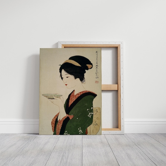 Japanese Ukiyo E Woman in Green Kimono Classic Portrait Art Poster