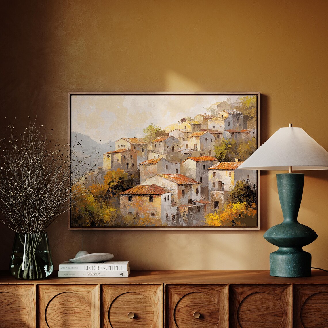 Mediterranean Hill Village Terracotta Roofs Warm Tuscan Wall Art - Image 3