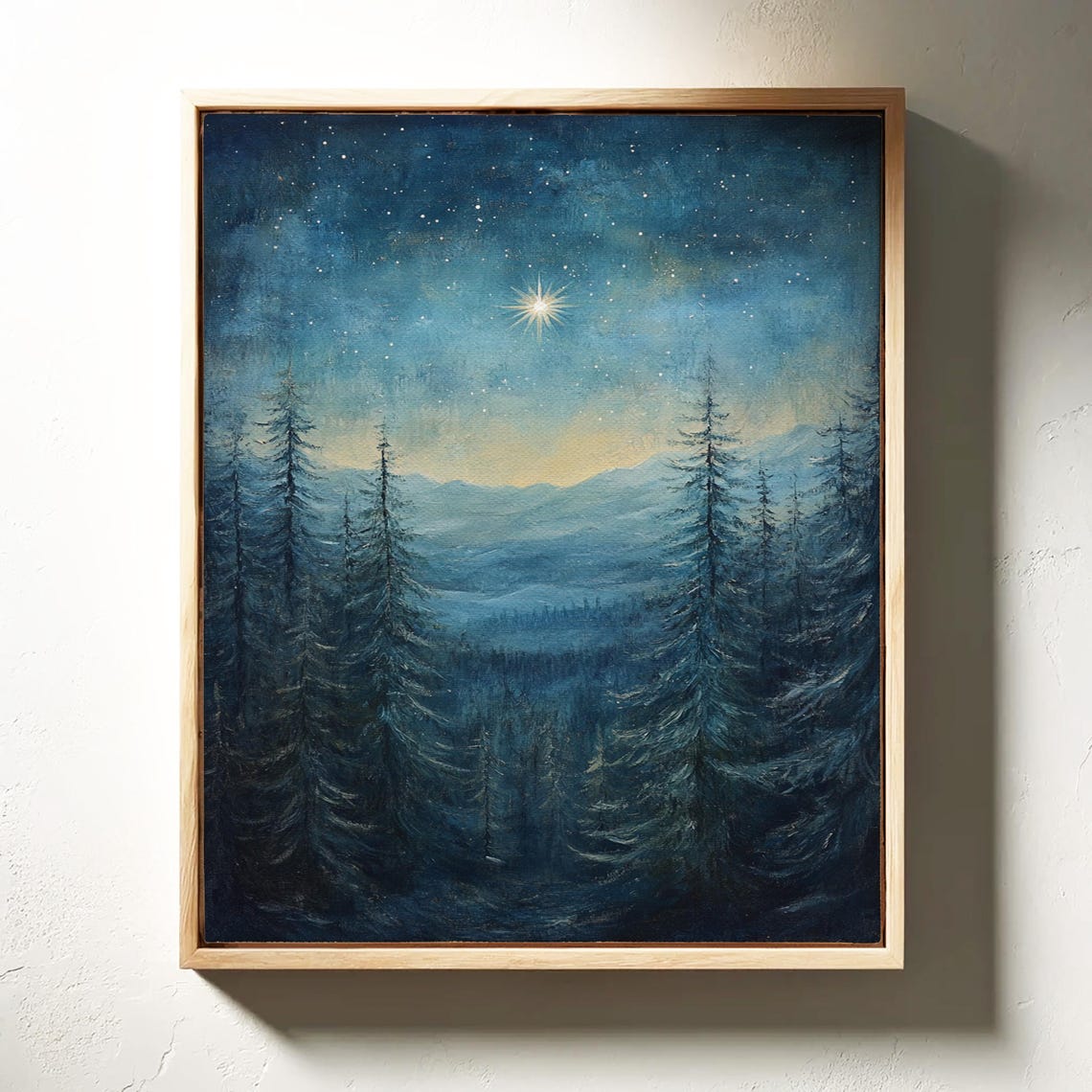 Bright Star Over Snowy Mountain Pines Night Sky Winter Art Print - Image 5